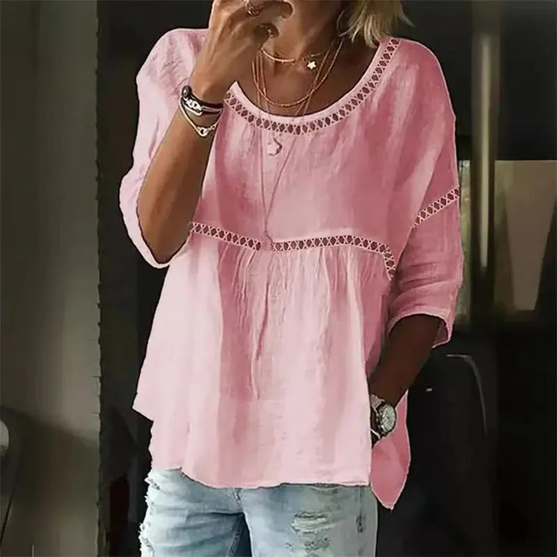 Hollow Out Splice Sevenquarter Sleeve Blouse