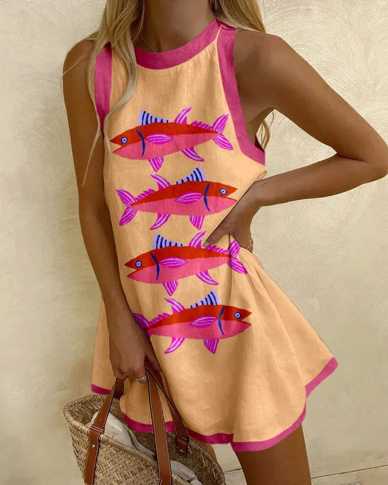 Round Neck Fish Print Sleeveless Contrast Trim Mini Dress