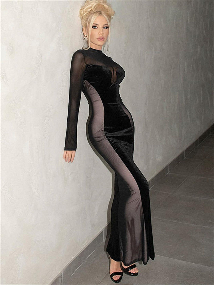 O Elegant Arm Dresses Fashion Full-Length Through Fall Party Gown Club Neck for Outfits Sexy - Long Mesh Patchwork See Women