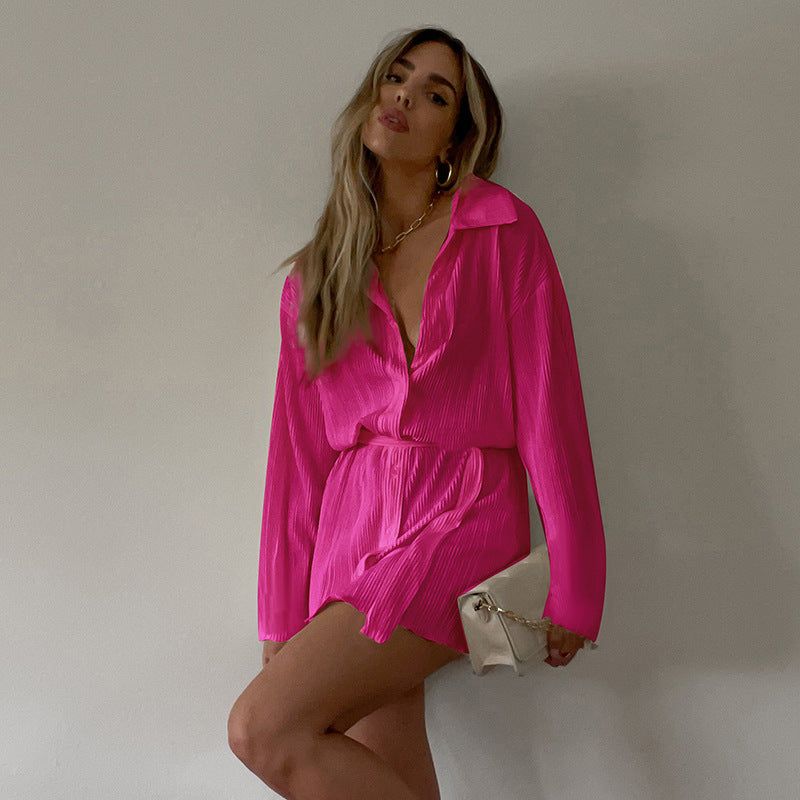Collared Long Sleeve Pleated Button Up Shirt Mini Dress