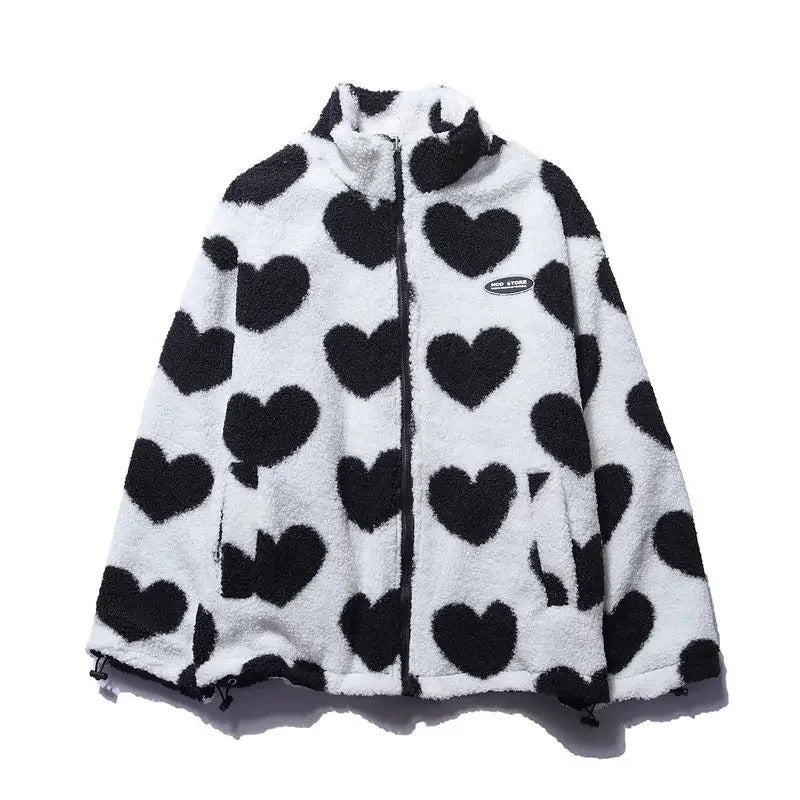 Stand Collar Heart Print Sherpa Fleece Zip Front Jacket