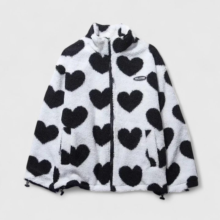 Stand Collar Heart Print Zip-Front Fleece Jacket