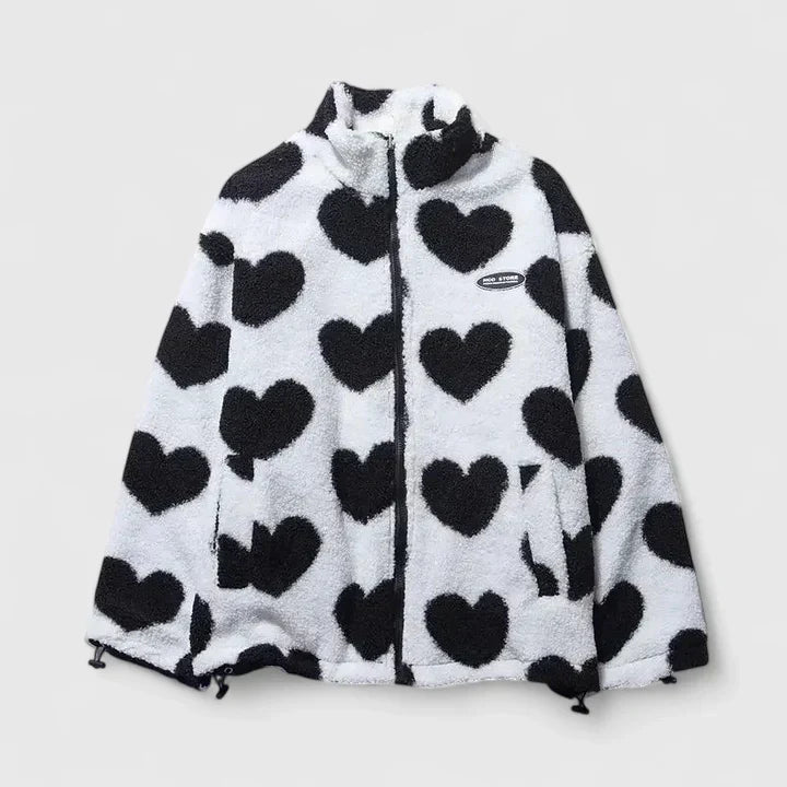 Heart Print Stand Collar Zip-Front Cozy Fleece Jacket