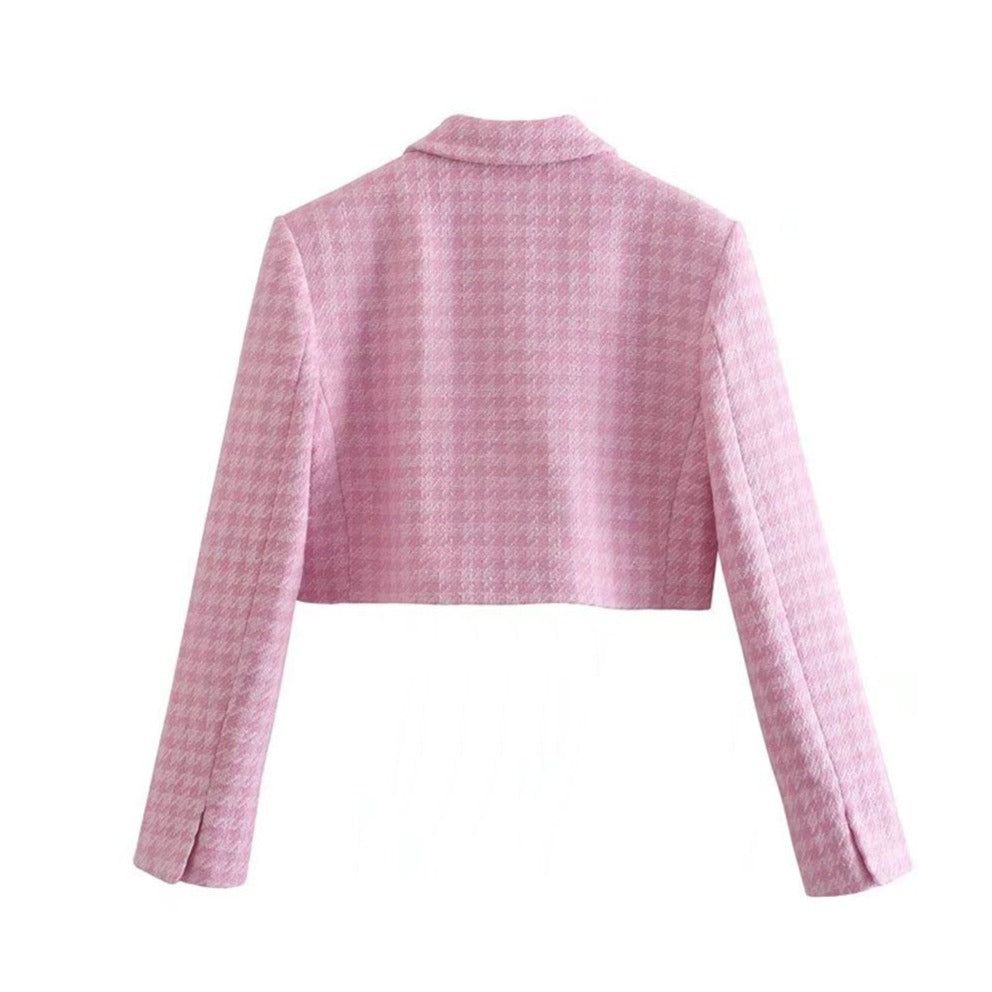 Pink Double Breasted Houndstooth Tweed Crop Blazer Mini Skirt Set