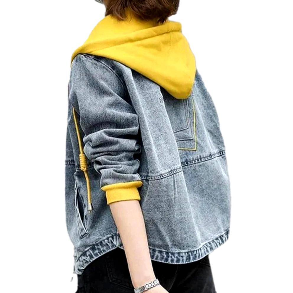 Light Blue Hooded Contrast Drawstring Oversized Denim Jacket 2