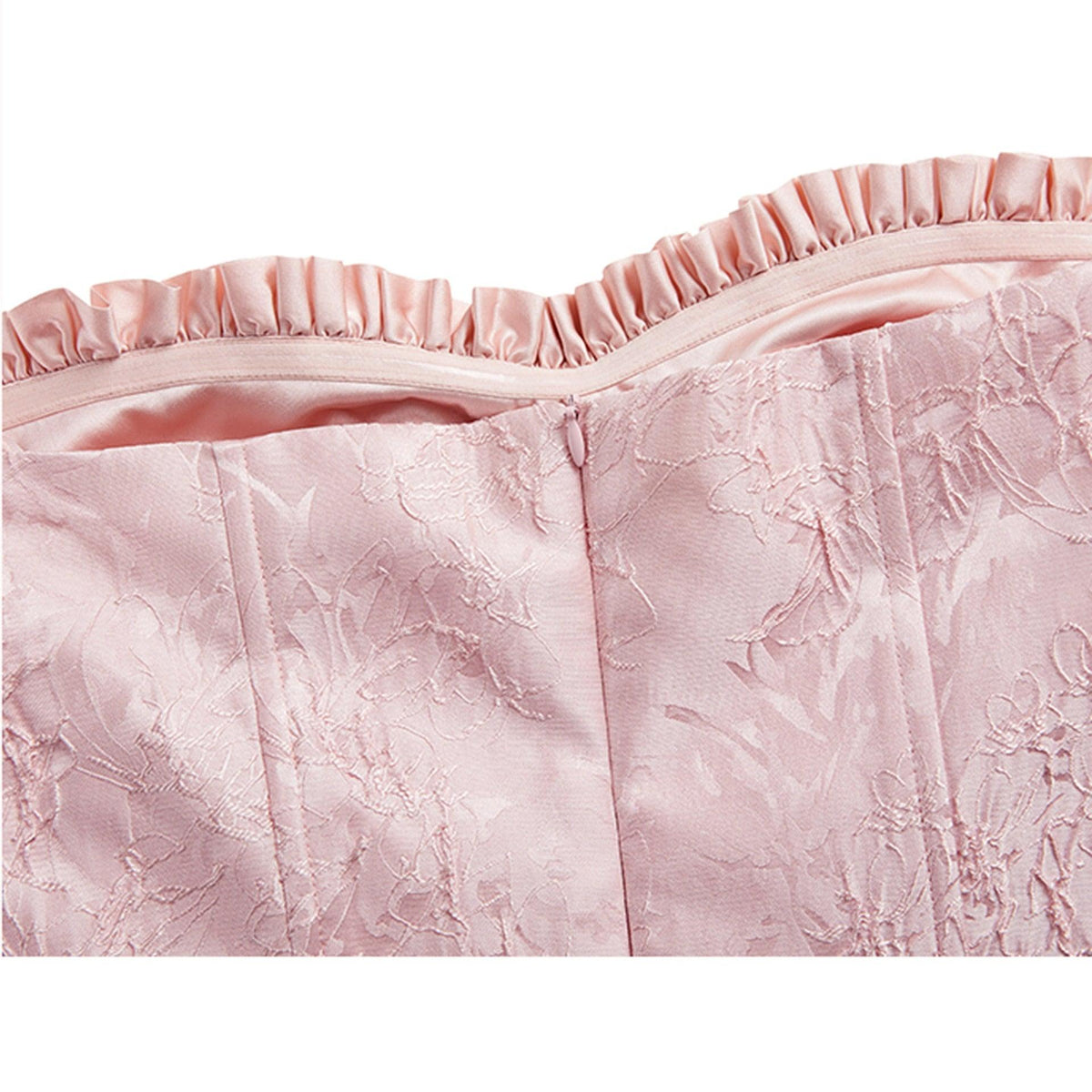 Strapless Ruffle Trim Corset Jacquard Flared Mini Dress