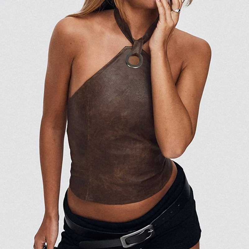 Brown Retro Lace Up Crop Top