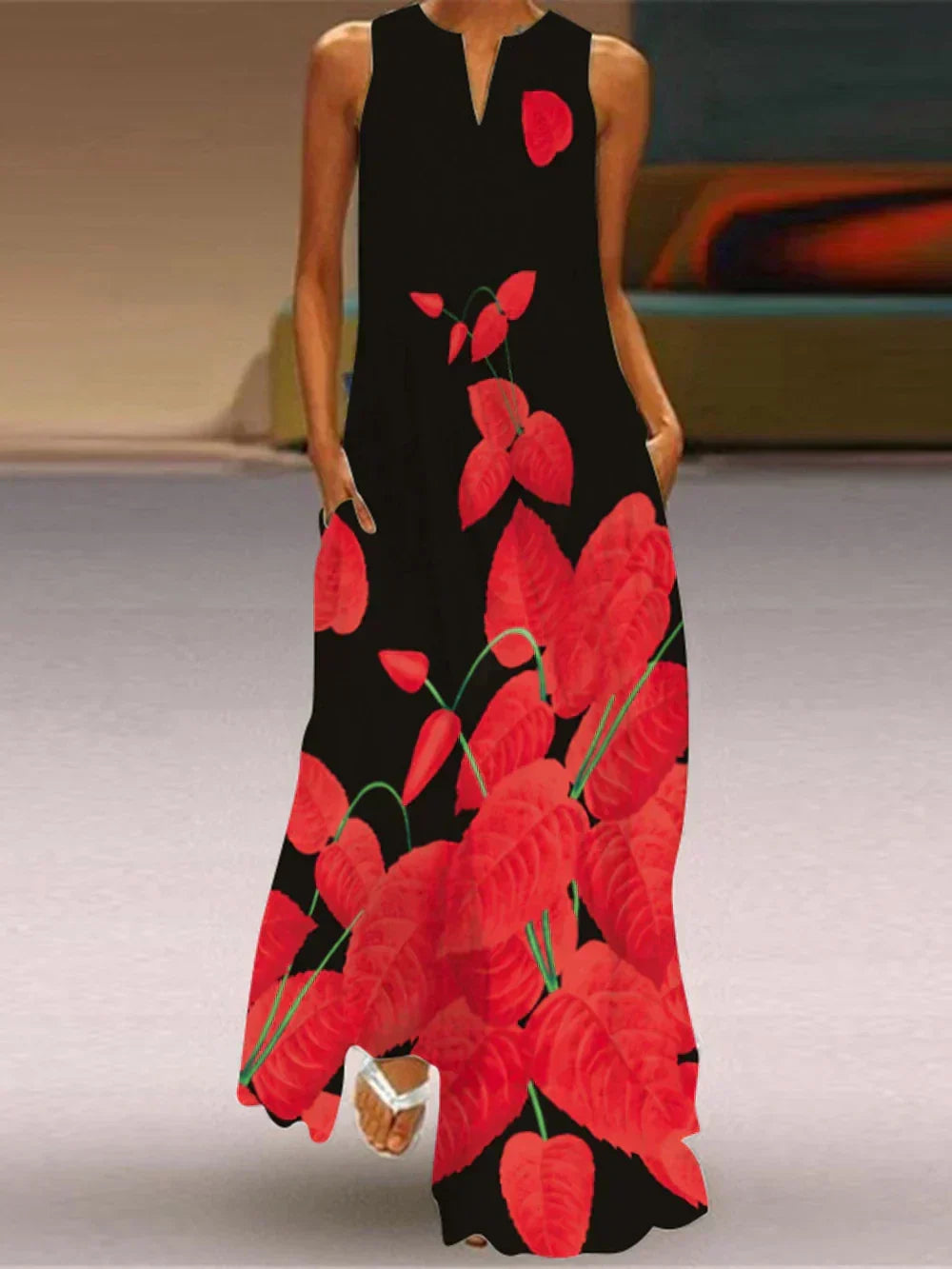 Split Neck Butterfly Print Sleeveless Pocket A-Line Maxi Dress