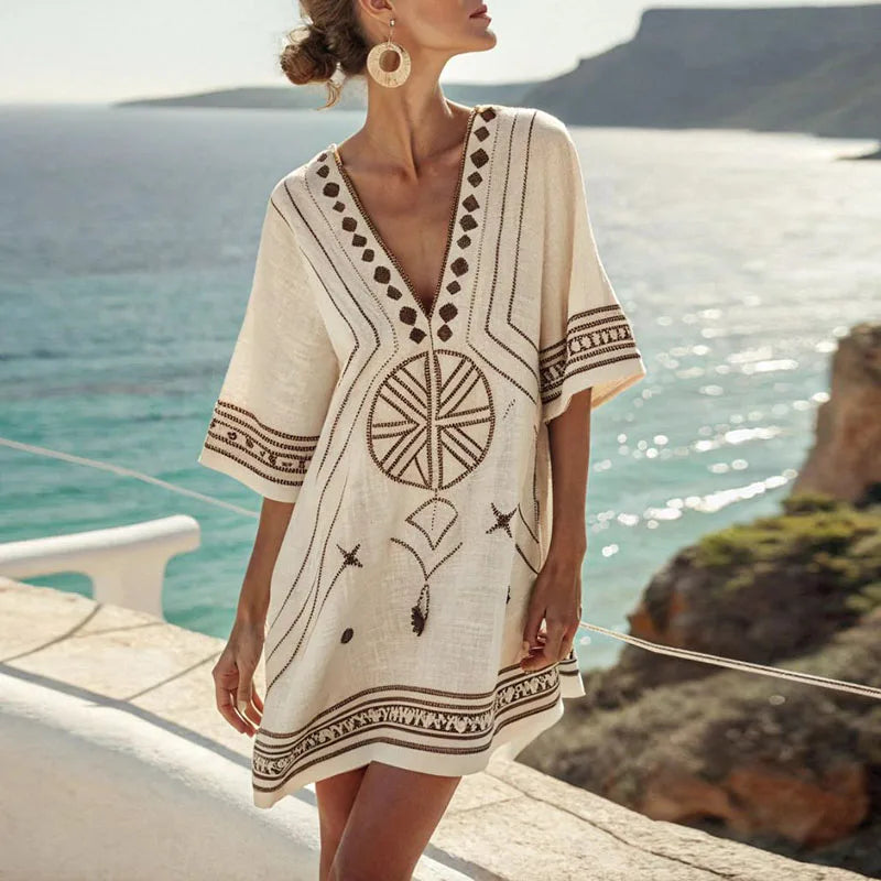 Gold And White Pattern V-Neck Embroidered Medallion Batwing Sleeve Linen Kaftan Mini Dress