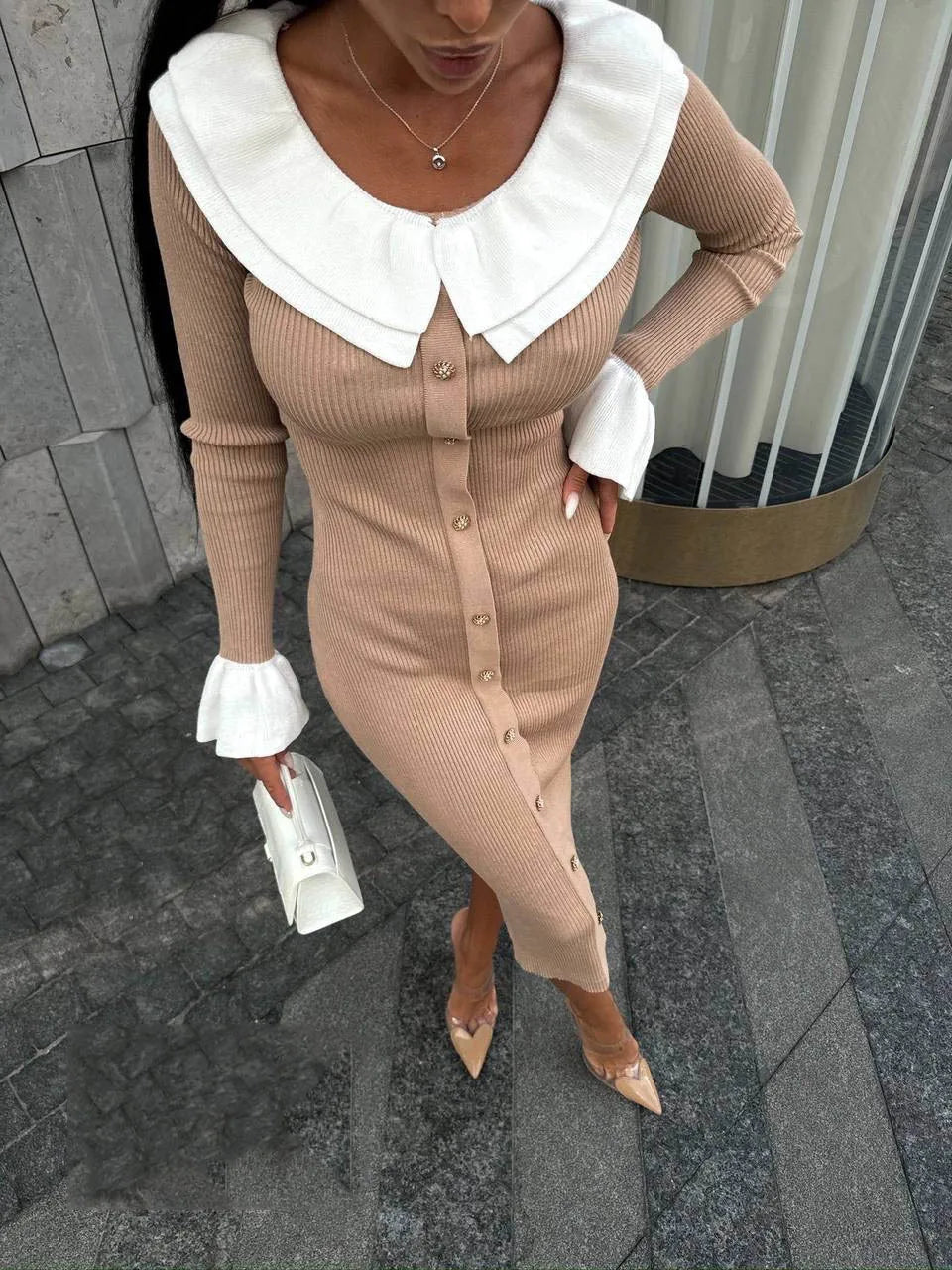 Patchwork Contrast Ribbed Midi Dress