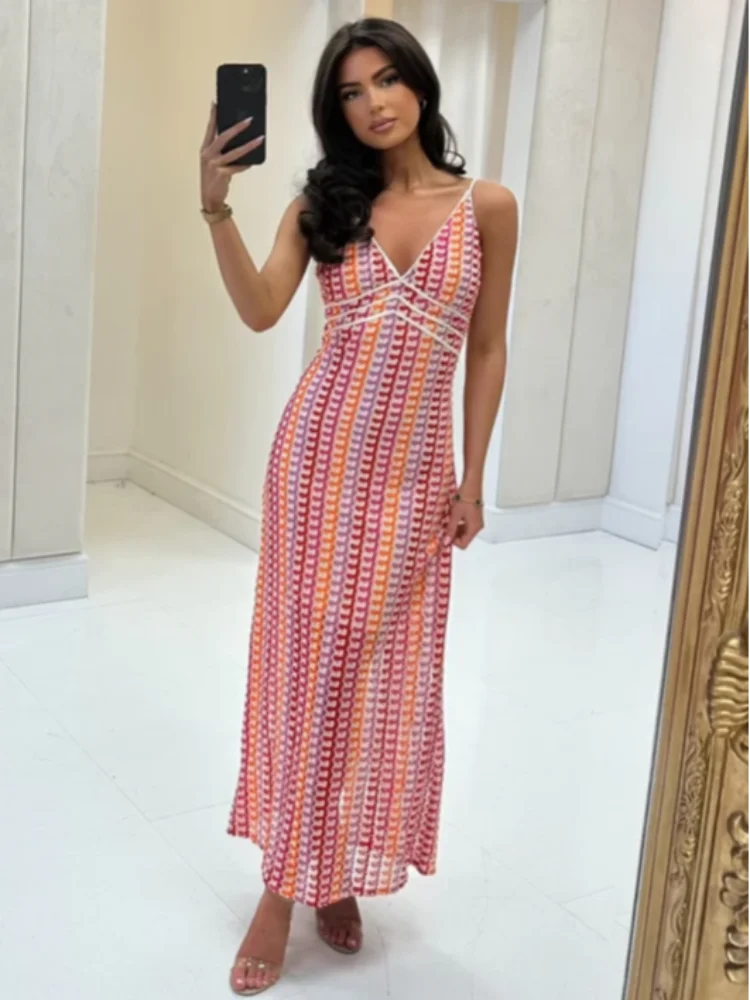 Deep V Neck Colorful Crochet Summer Dress