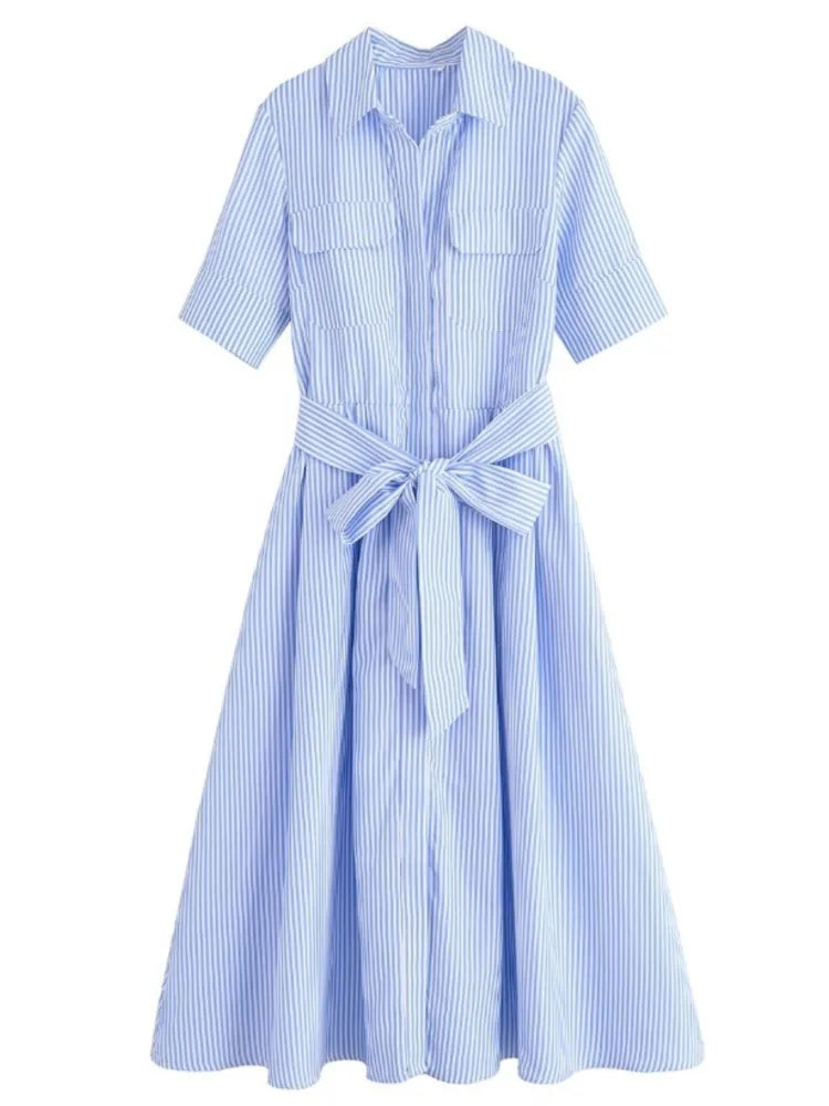 Collar Short Sleeve Chest Pocket Belted A-Line Shirt Dress 2