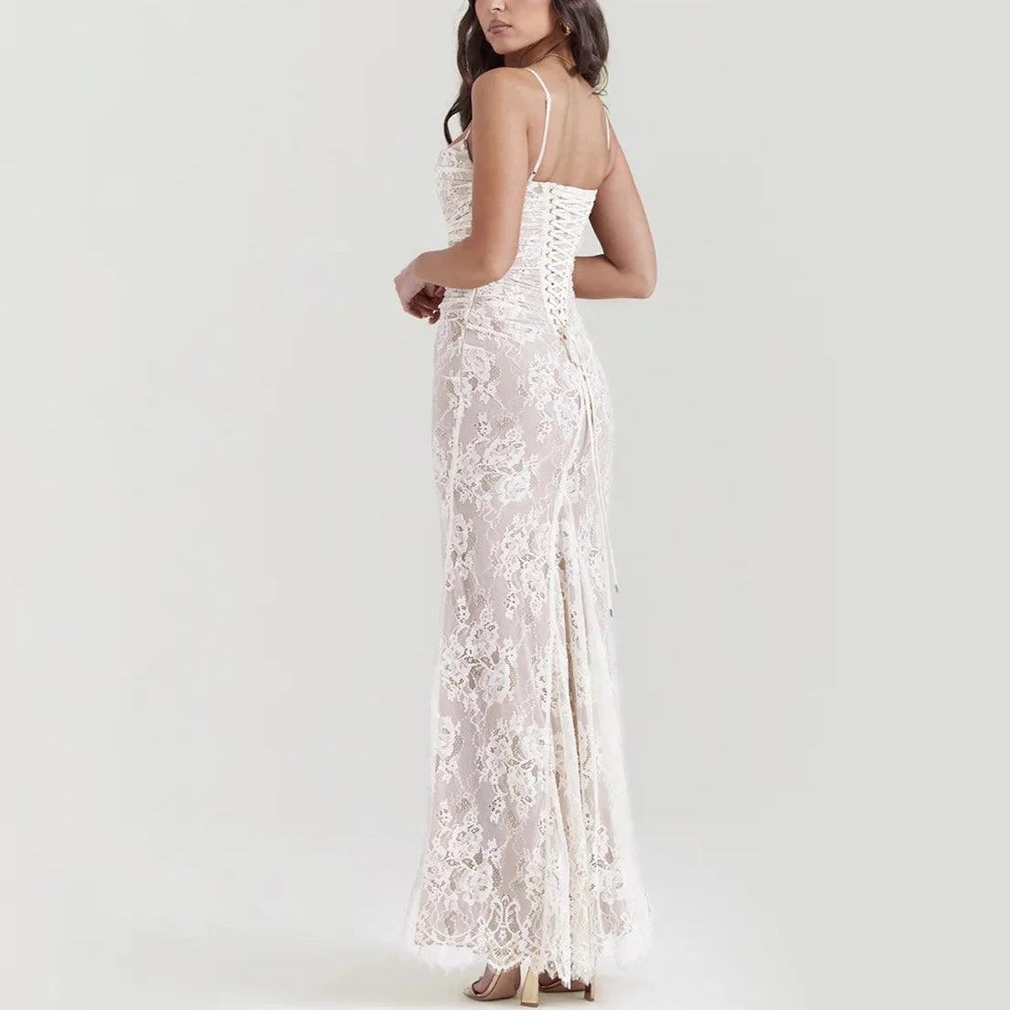 White Spaghetti Strap Lace Off-Shoulder Long Sleeve Ruched Bodycon Maxi Dress 14