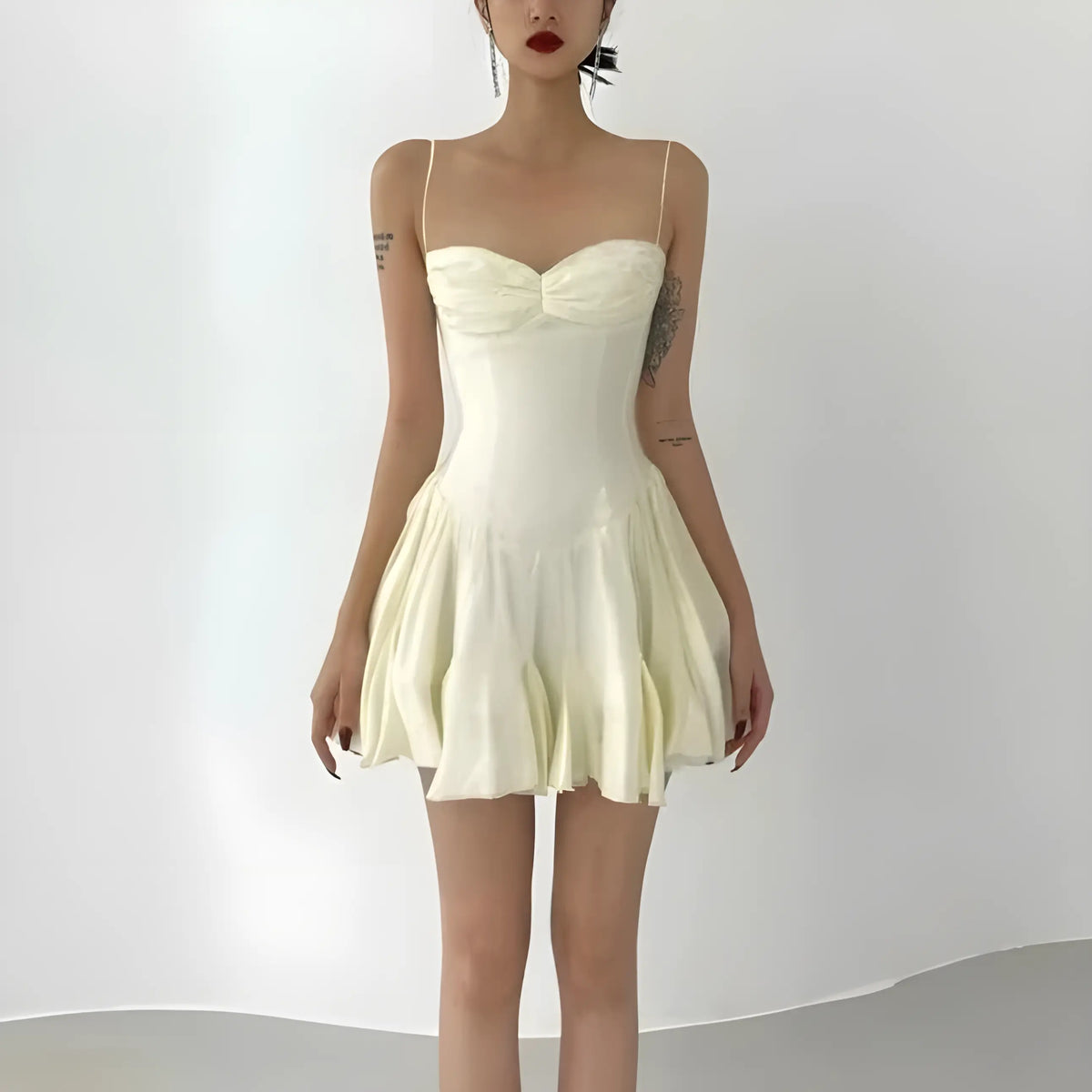Ivory Spaghetti Strap Sweetheart Ruched Bubble Hem A-Line Mini Dress