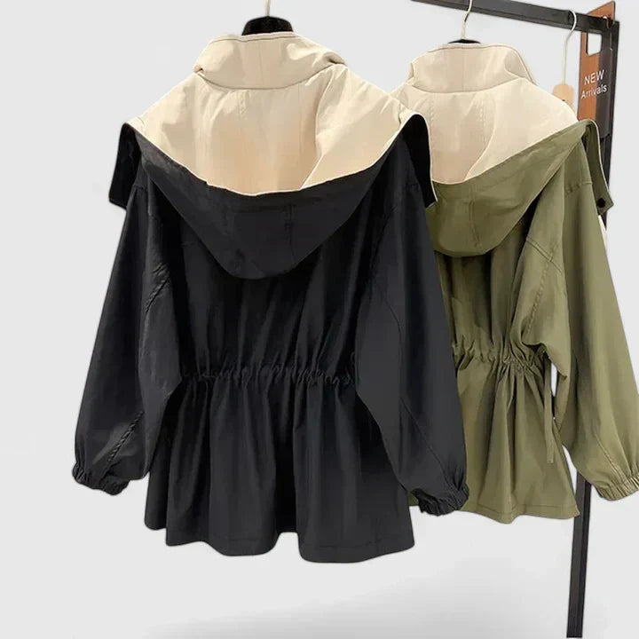 Oversized Lapel Collar Contrast Zip-Up Drawstring Jacket