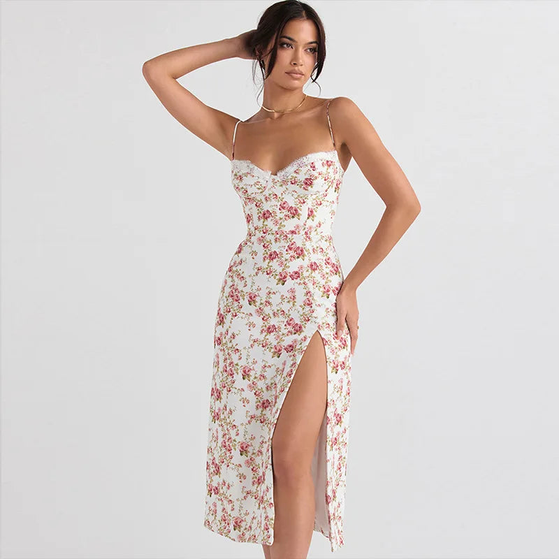 Slip Slit Midi Ruffle Floral Dress
