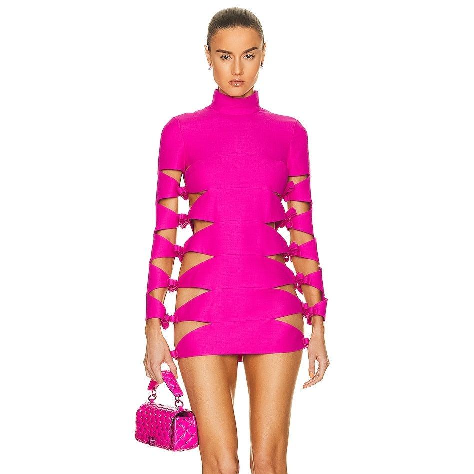 Pink High Neck Long Sleeve Bow Cutout Bodycon Mini Dress