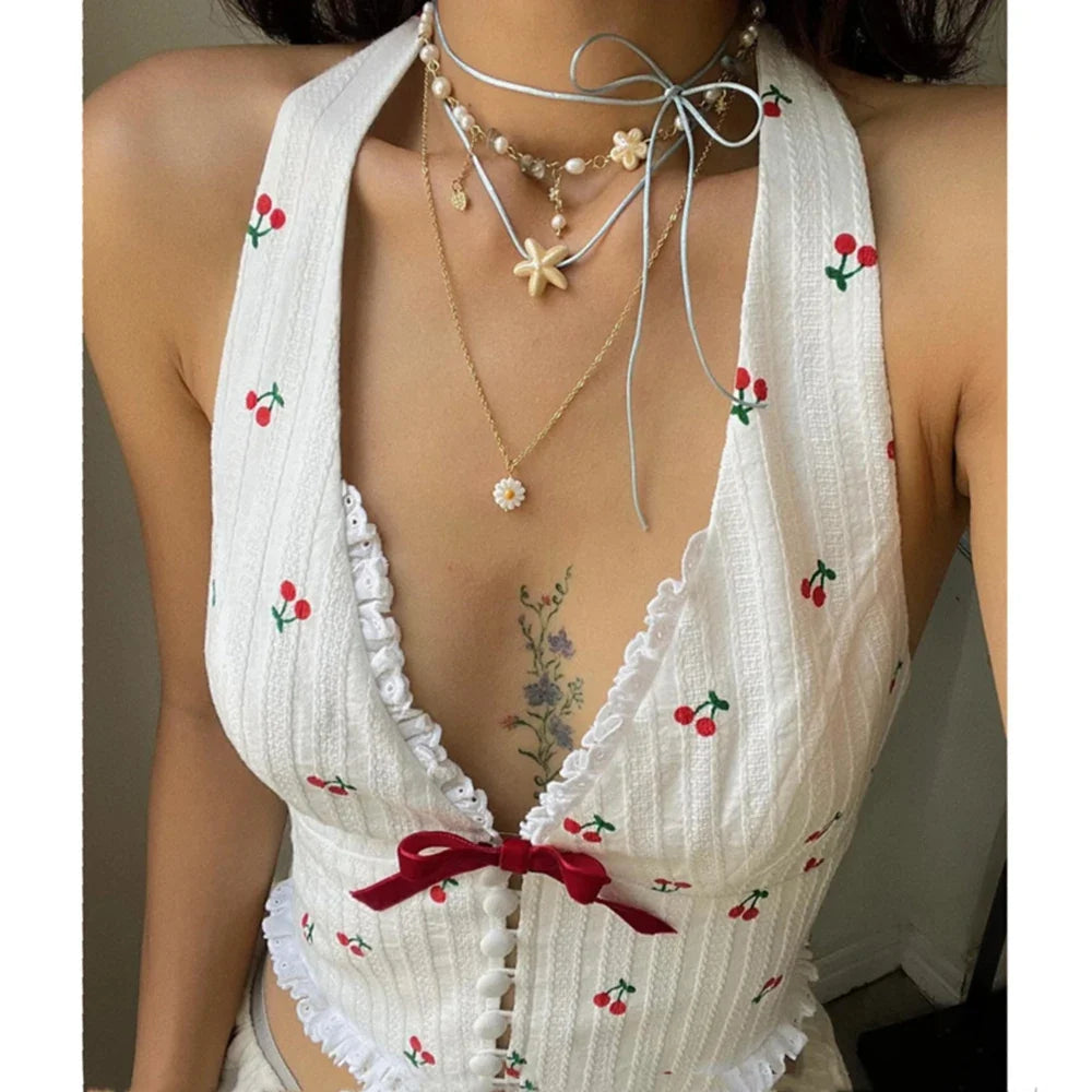 Cherry Print V-Neck Crop Top