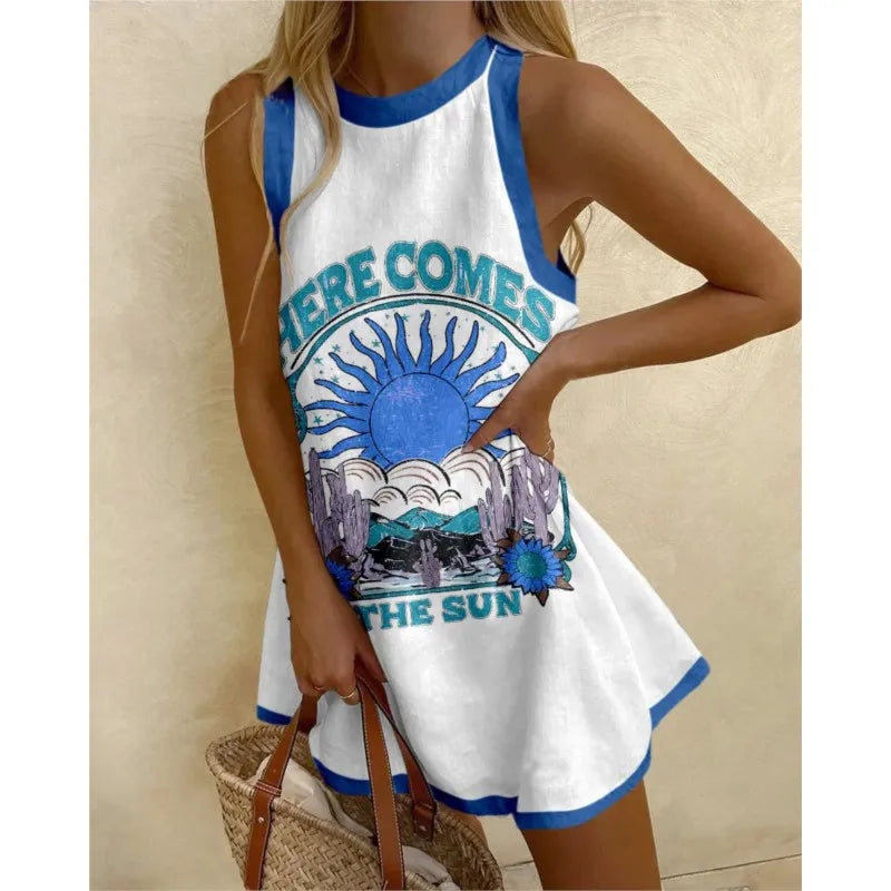 Round Neck Sun Graphic Print Sleeveless Flared Mini Dress