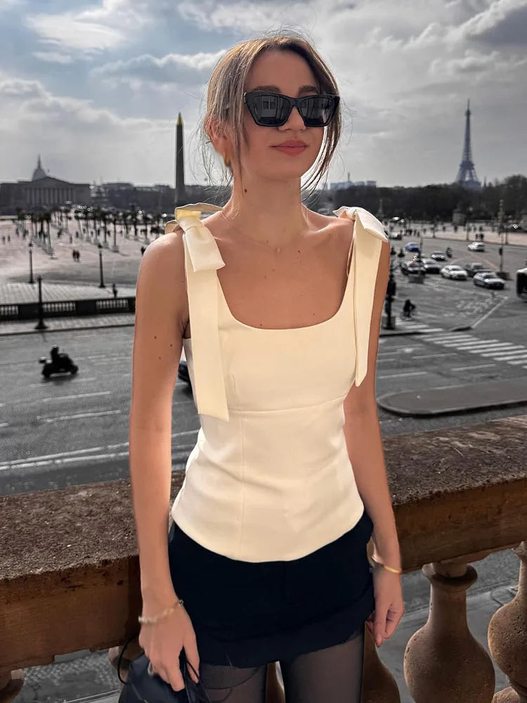 Sexy Bow Square Collar Sling Slim Cami Top