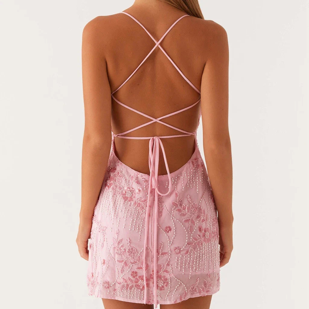 Sequin Pearl Laceup Floral Dress