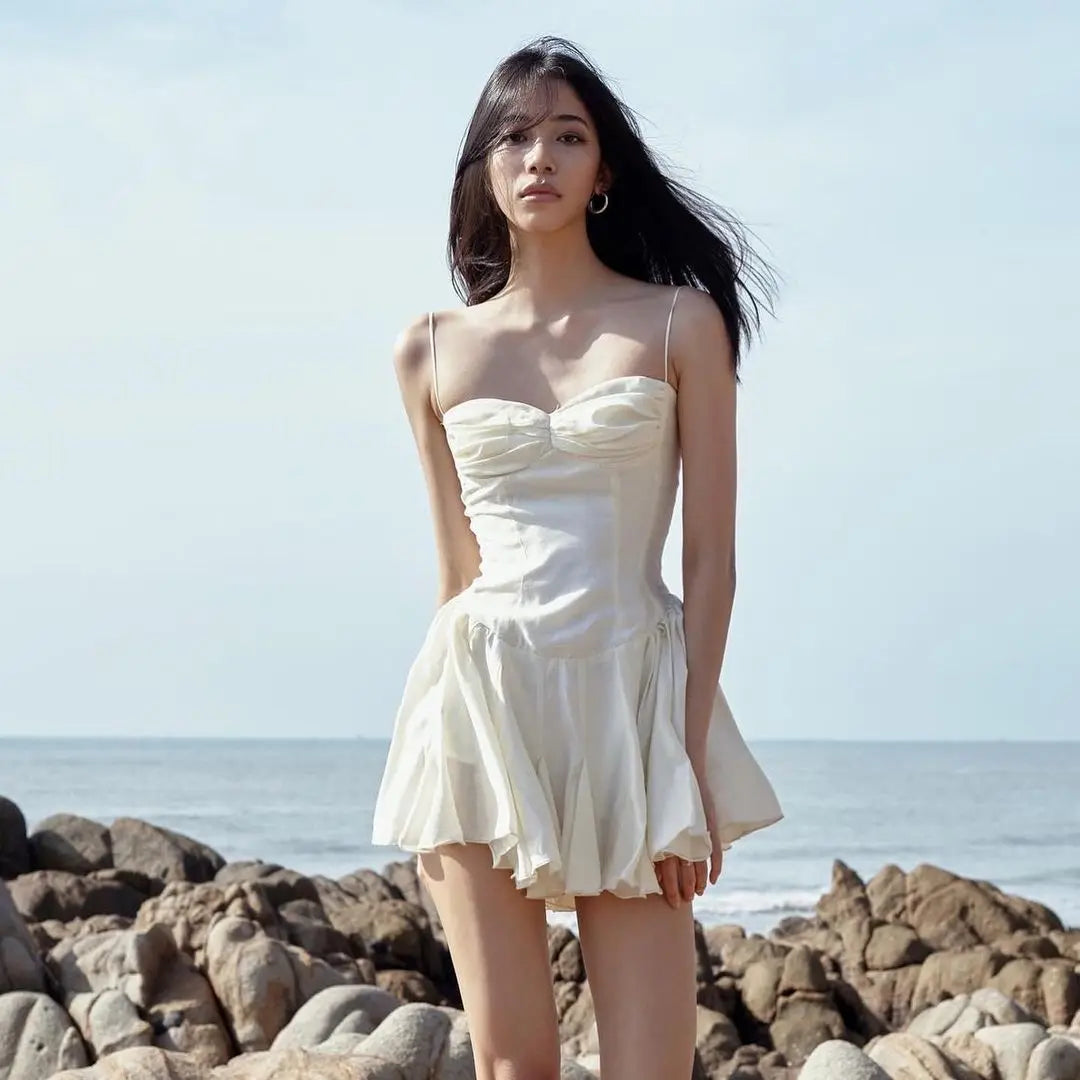 Ivory Spaghetti Strap Sweetheart Ruched Bubble Hem A-Line Mini Dress 6