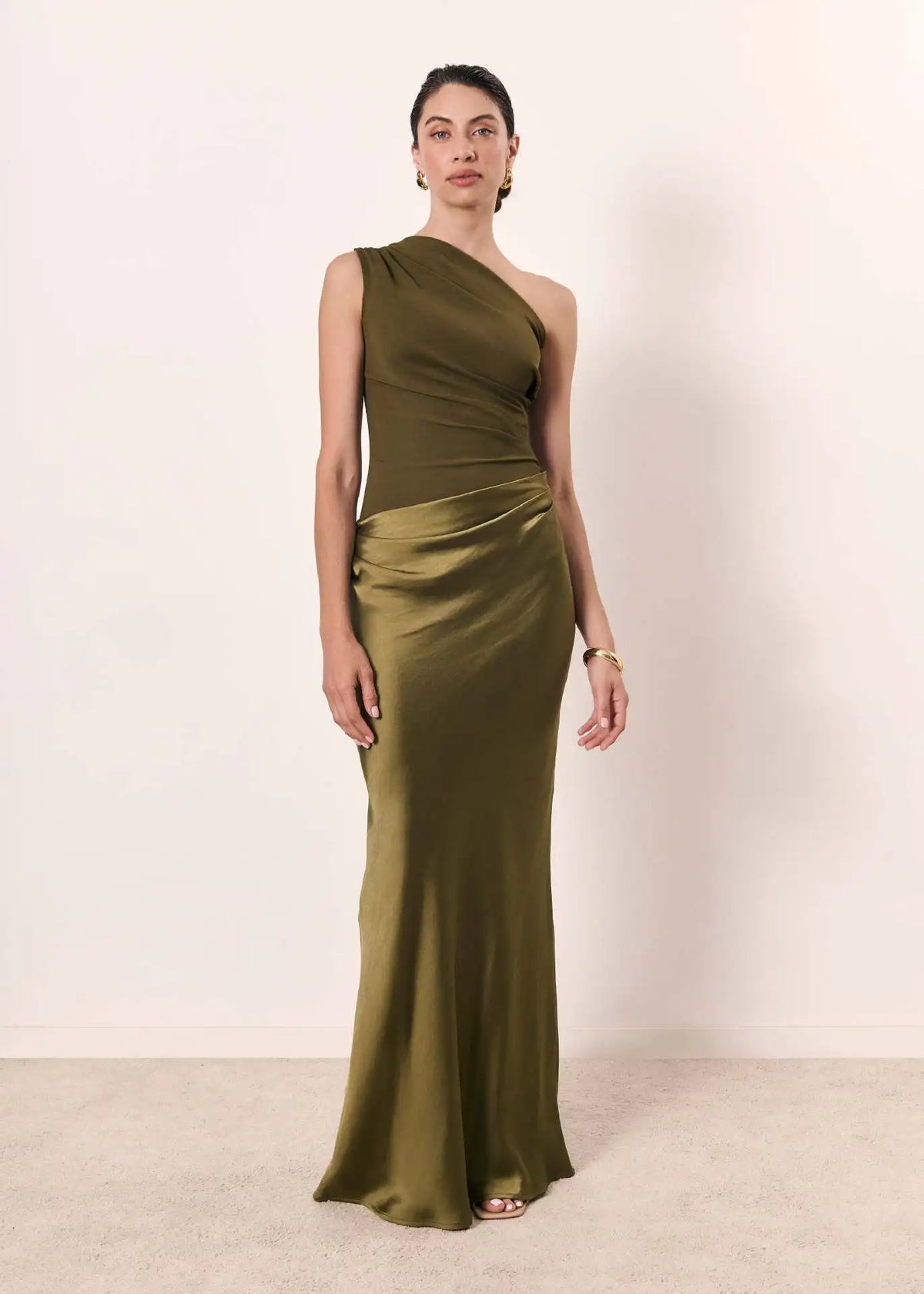 One-Shoulder Ruched Satin Mermaid Maxi Gown 9