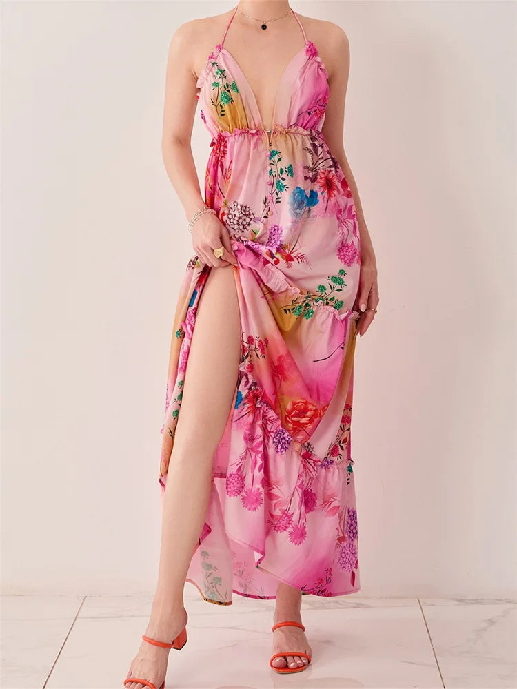 Retro Print Backless Vneck Midi Dress
