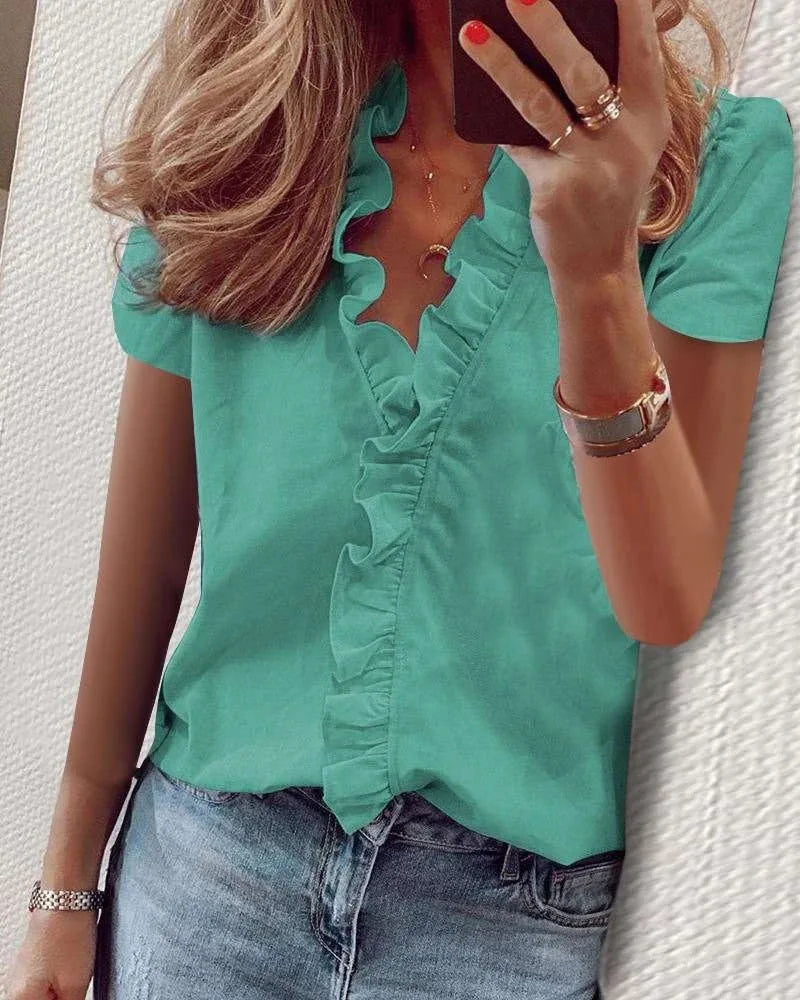 Plus Size Summer Casual Short Sleeve Vneck Blouse