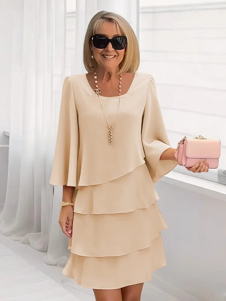 Round Neck Bell Sleeve Chiffon Tiered Layered A-Line Midi Dress 4