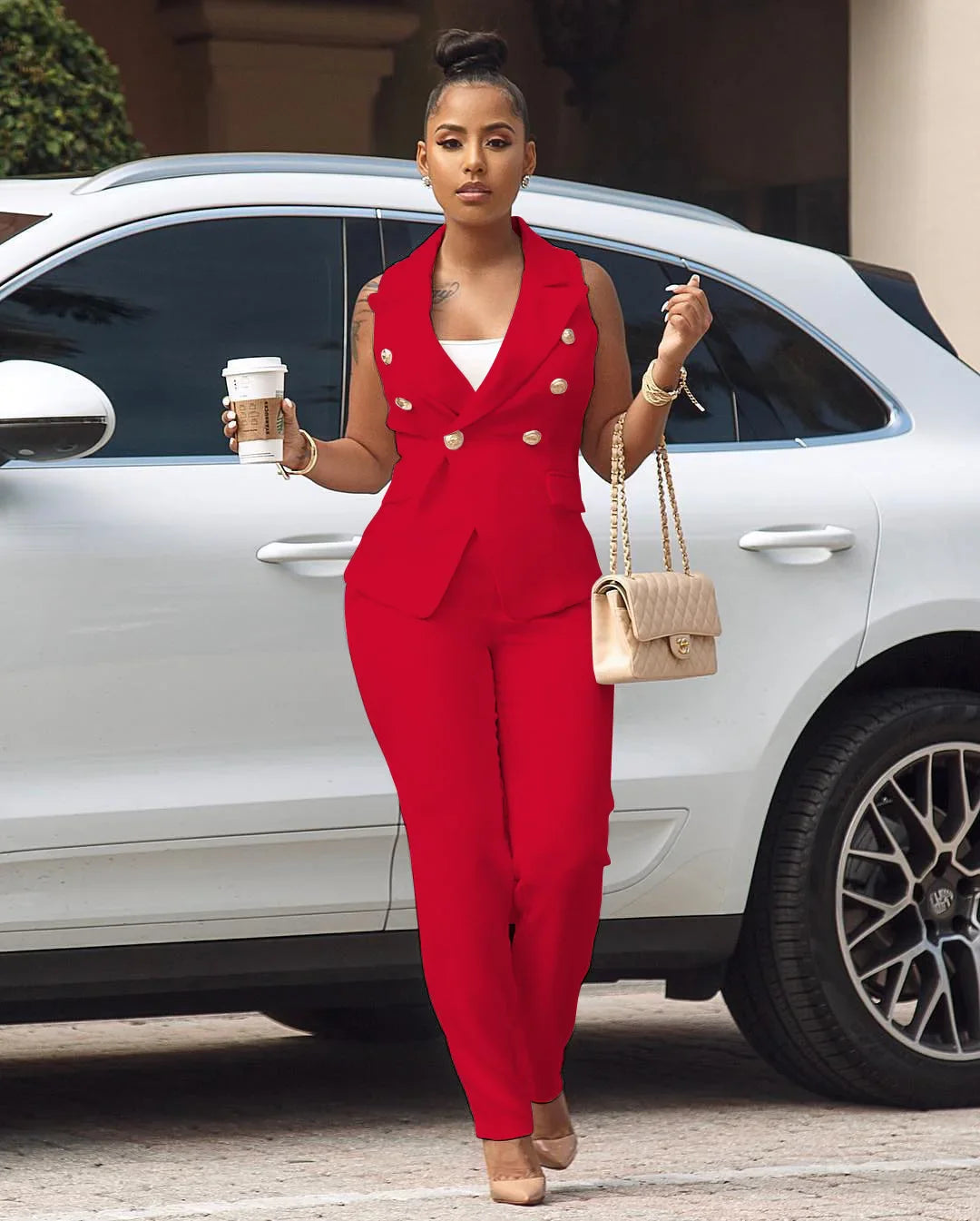 Notch Neck Long Pant Suit
