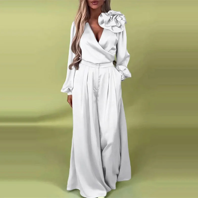 Satin Flower VNeck Wide Leg Suit