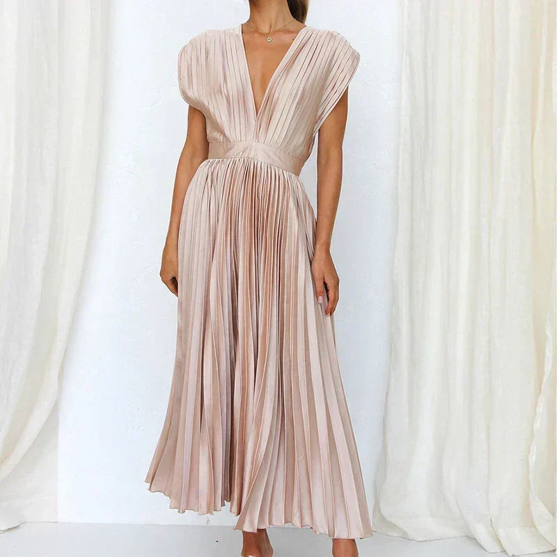 V-Neck Cap Sleeve Pleated Satin A-Line Midi Dress 3
