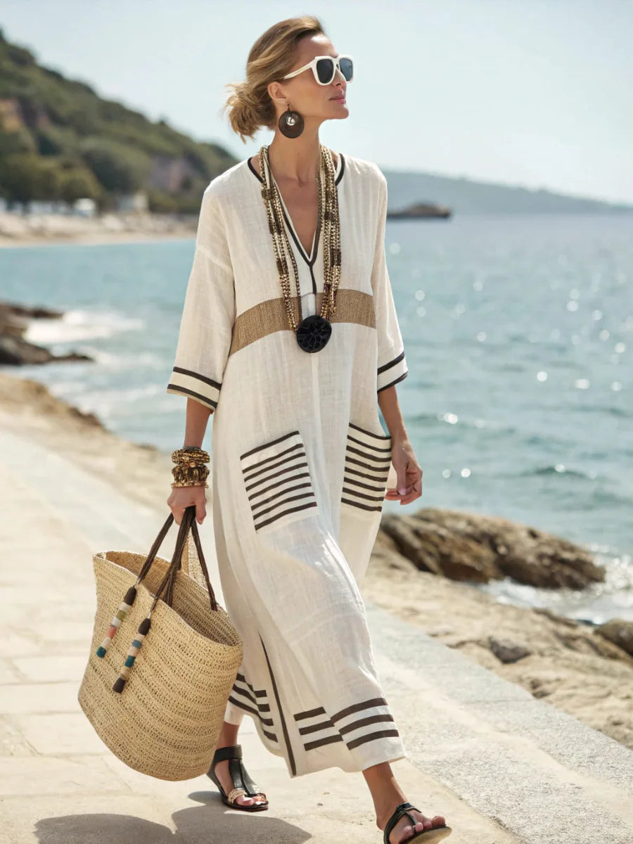 V-Neck Striped Trim Linen Kaftan Maxi Dress