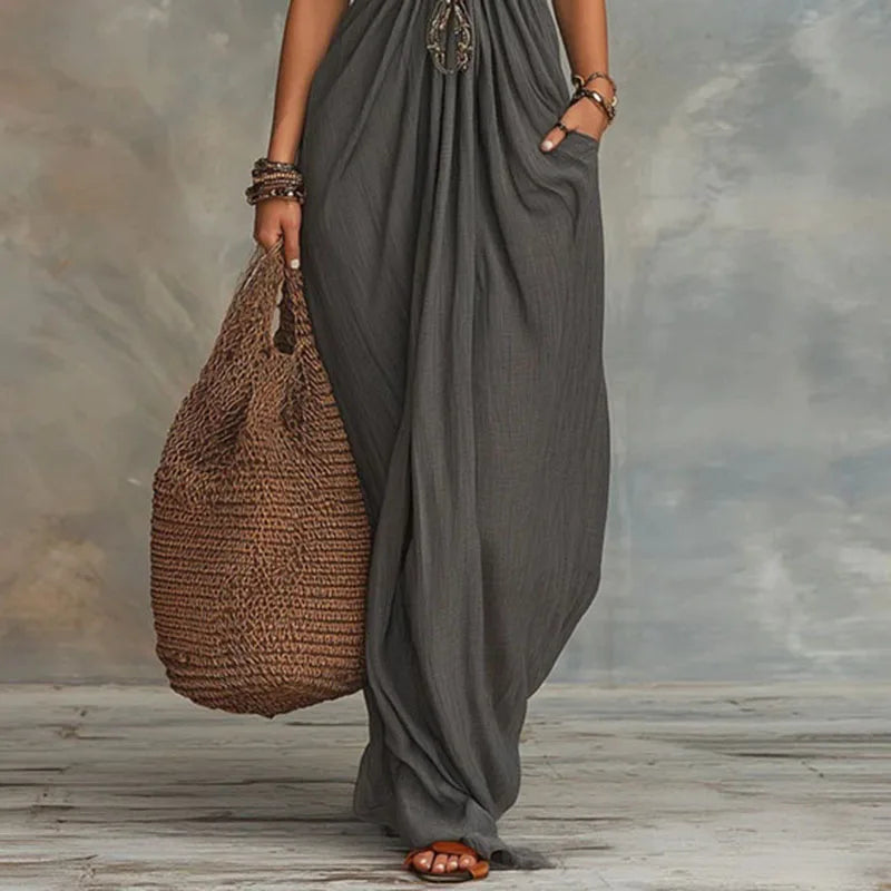 Halter Deep V-Neck Draped Flowy Loose Maxi Dress 6