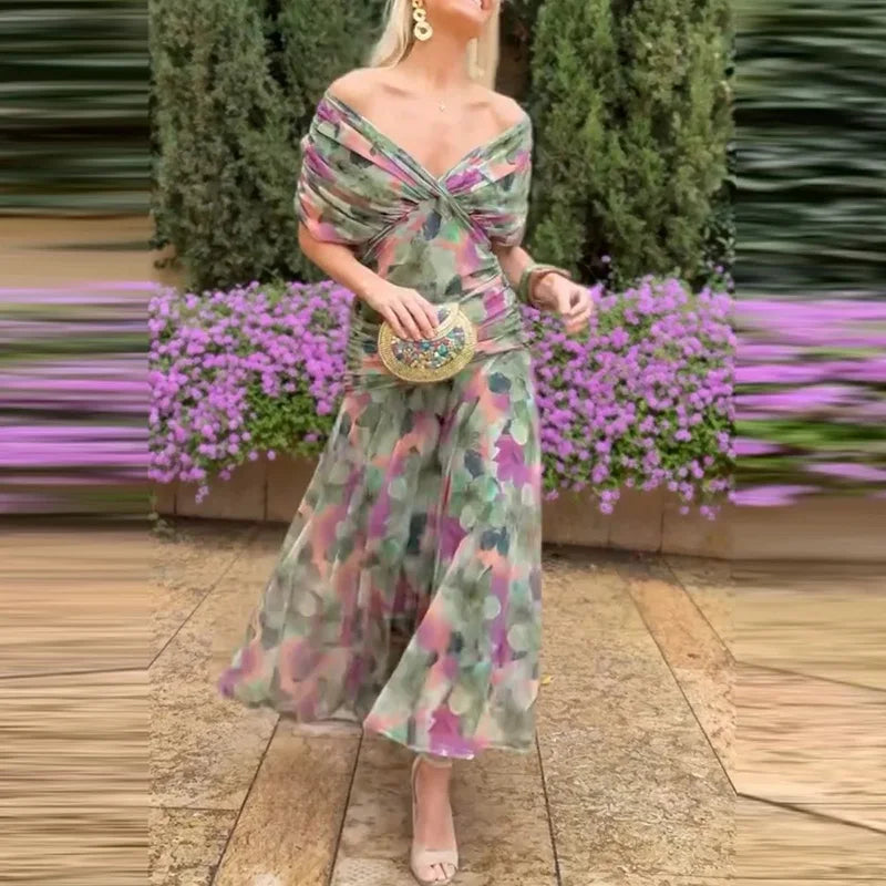 Pleated Bat Sleeve ALine Floral Dress