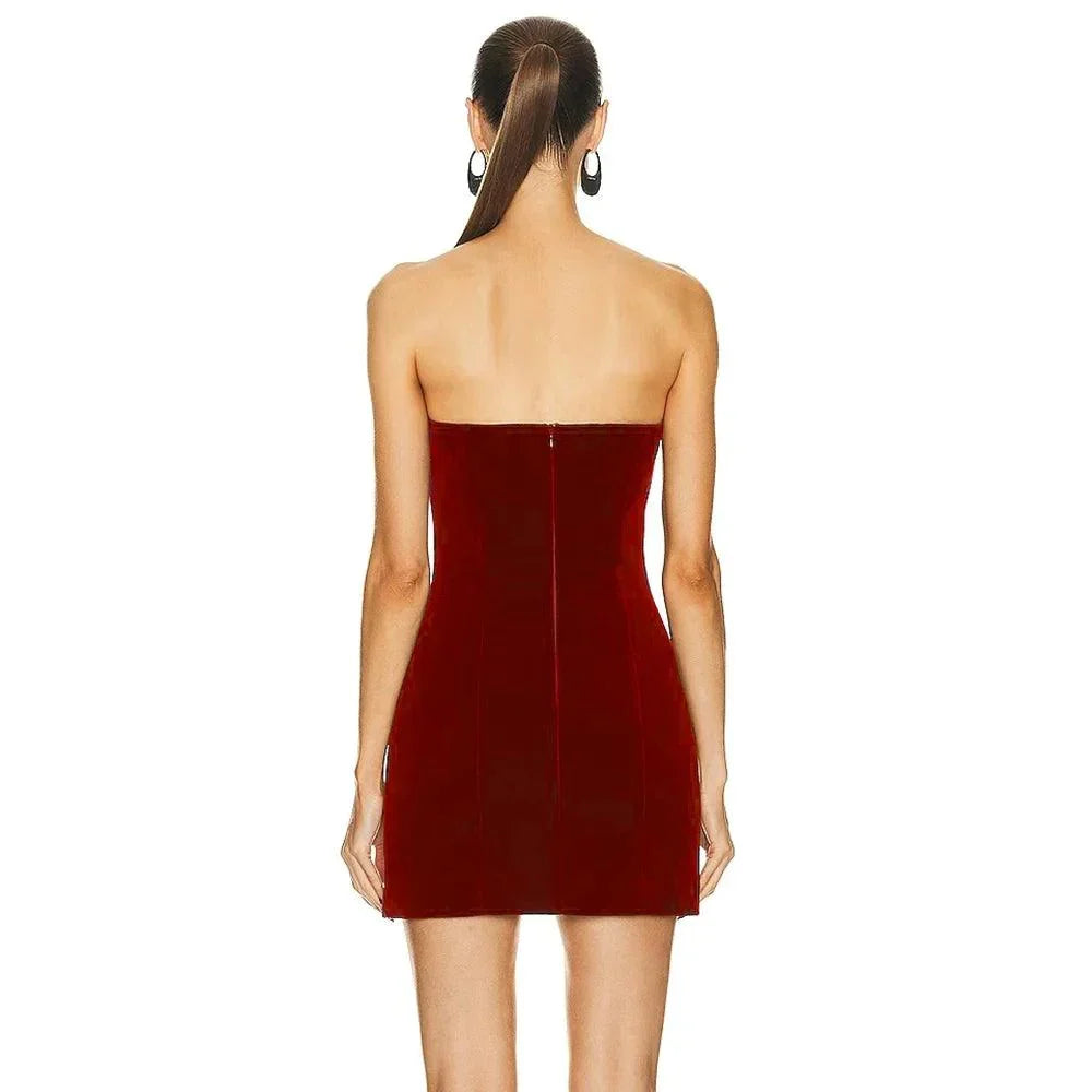 Red Strapless Rhinestone Heart Cutout Bodycon Mini Dress