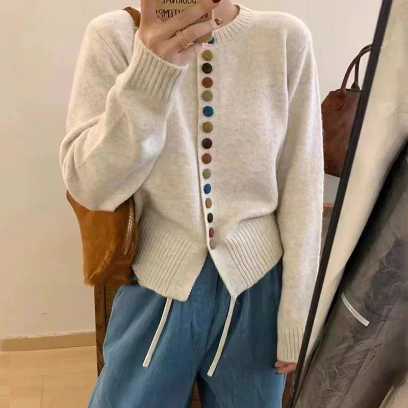 Round Neck Multicolor Button Knit Long Sleeve Cardigan