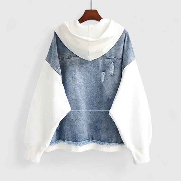 Hooded Denim Contrast Sleeve Zip Front Pocket Jacket 4