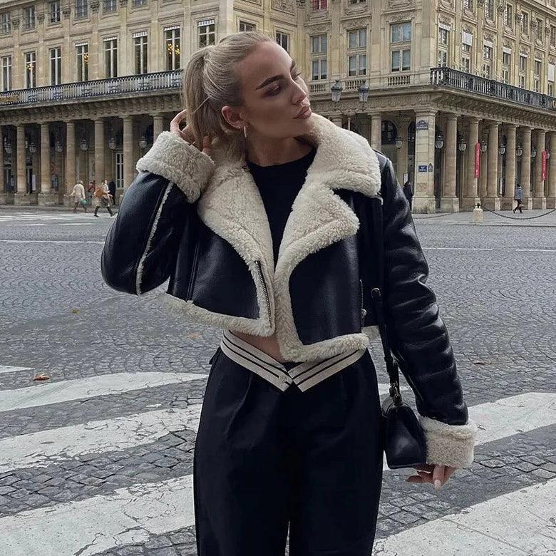 Black Faux Shearling Lapel Zip Cropped Aviator Jacket 2