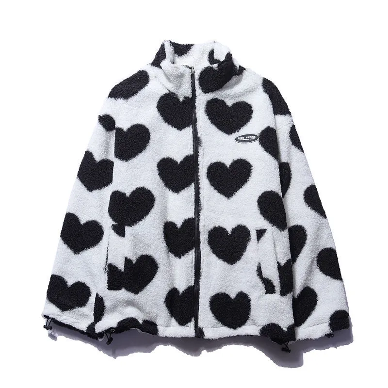 Stand Collar Heart Print Reversible Padded Zip Coat 6