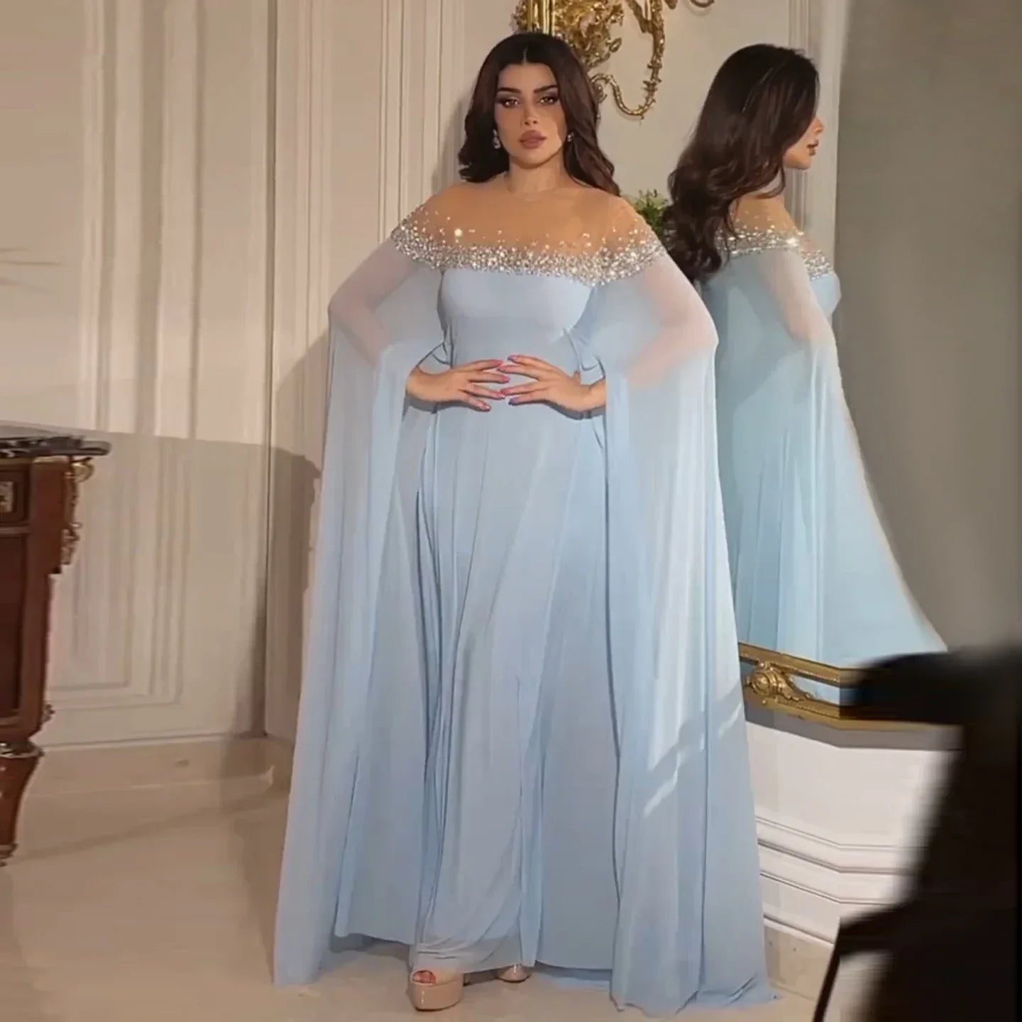 Crystal Baby Blue Evening Dress with Cape Kaftan Gowns Customized