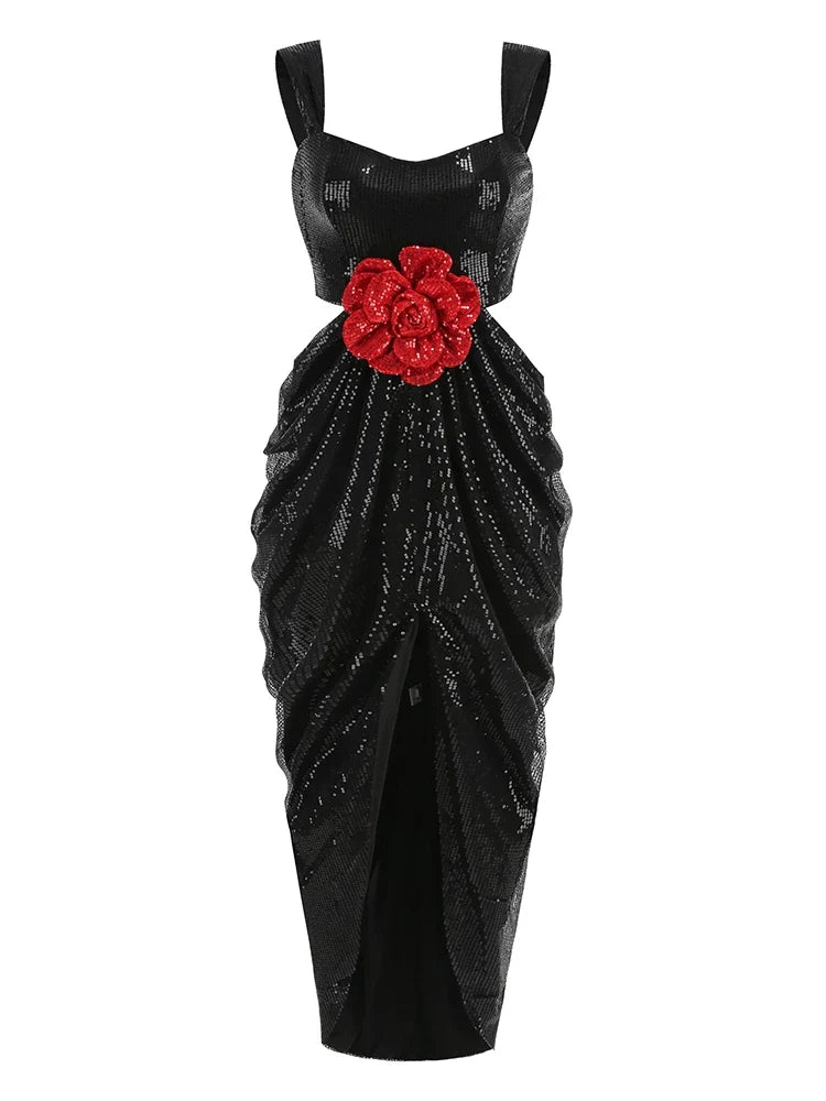 3D Flower Shiny Sequins Folds Long Dress