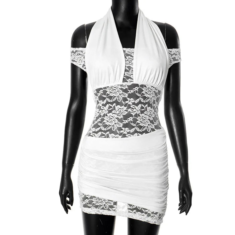 Halter Off the shoulder White Lace Mini Dress