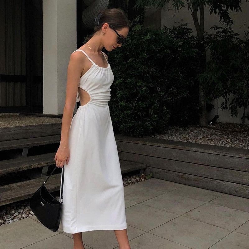 White Spaghetti Strap Ruched Cutout Backless Satin Midi Dress