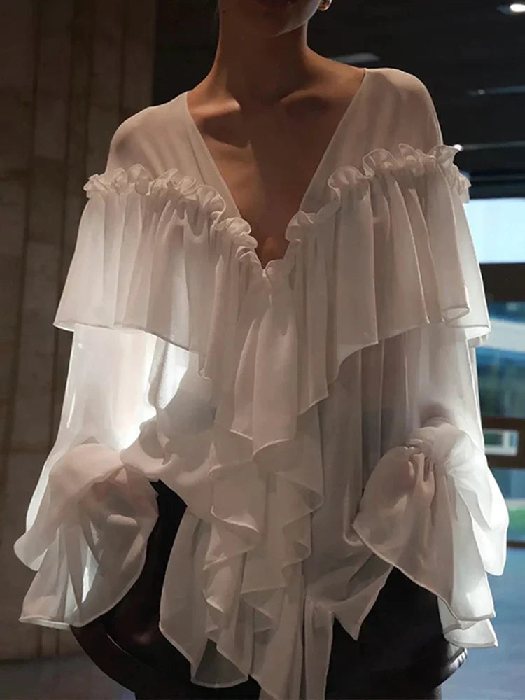 Pleated Layered Deep Vneck Pullover Blouse