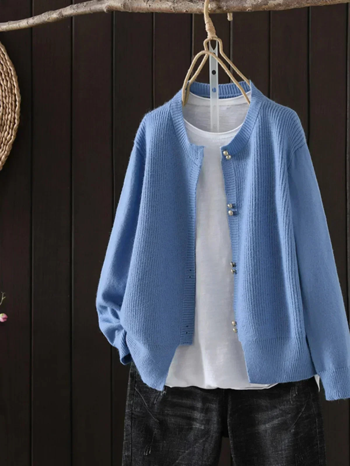 Round Neck Ribbed Knit Pearl Button Long Sleeve Cardigan