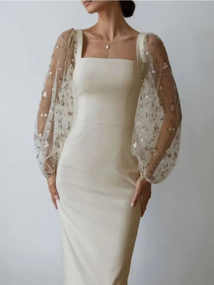 Aurora Aesthetic Evening and Party Dress with Square Neckline and Long Sleeves Statement Occasion Edit