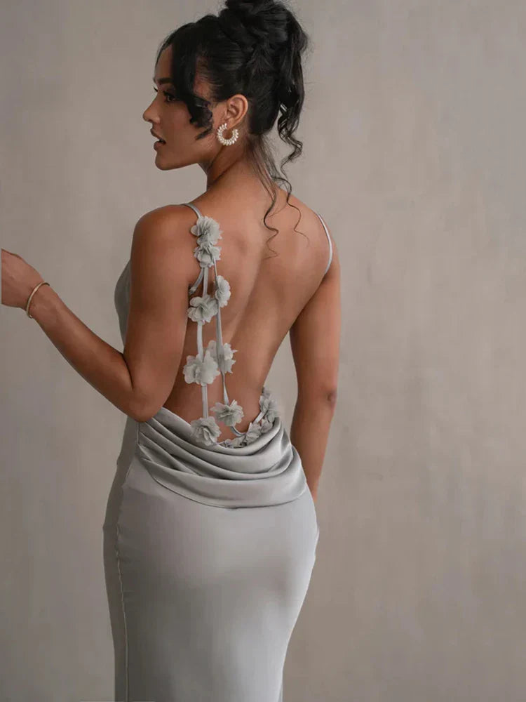 Floral Draped Backless Maxi Silk Dress