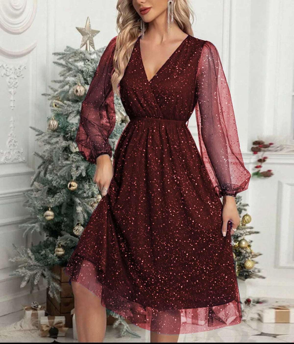 V-Neck Glitter Mesh Sheer Long Sleeve A-Line Midi Dress